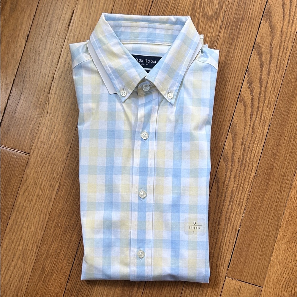 Club Room Men's Light Blue and Soft Yellow Check Shirt